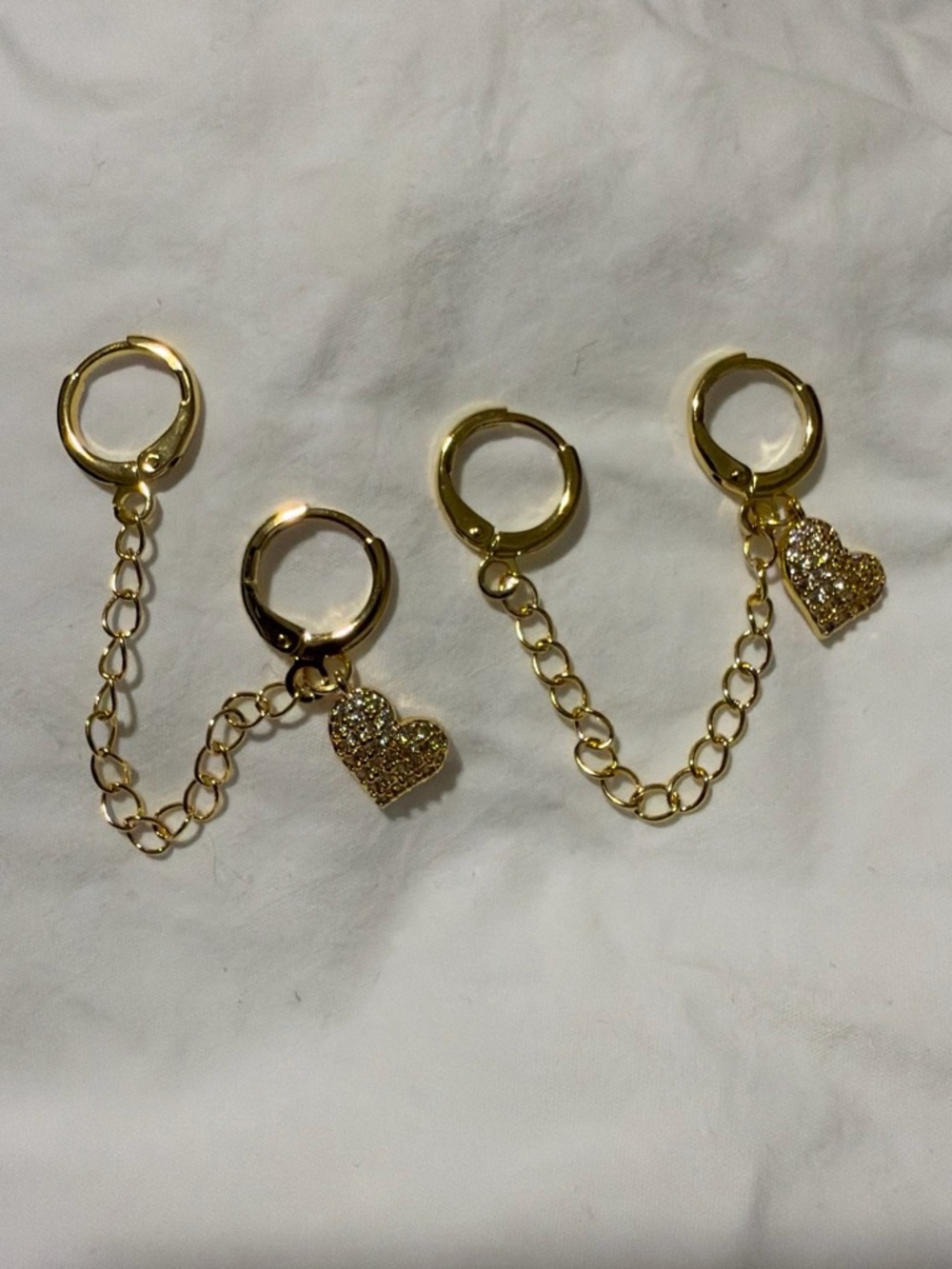 Gold Double Hoop Chain Earrings with Pave Heart Charm